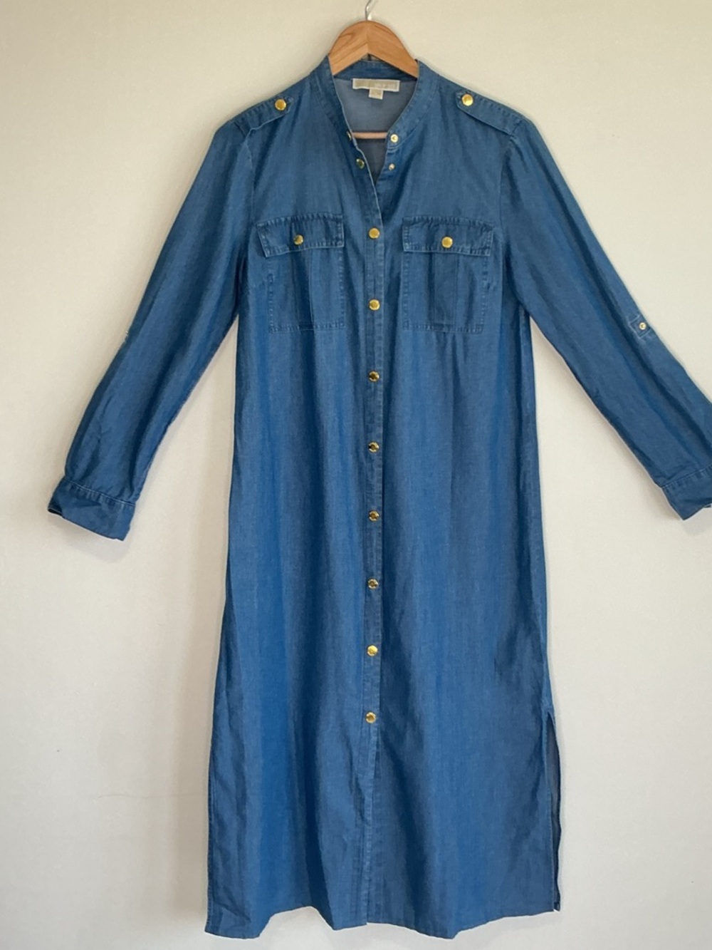 Michael Kors Denim Dress M Blue Chambray Button Down Shirt Dress Western Utility